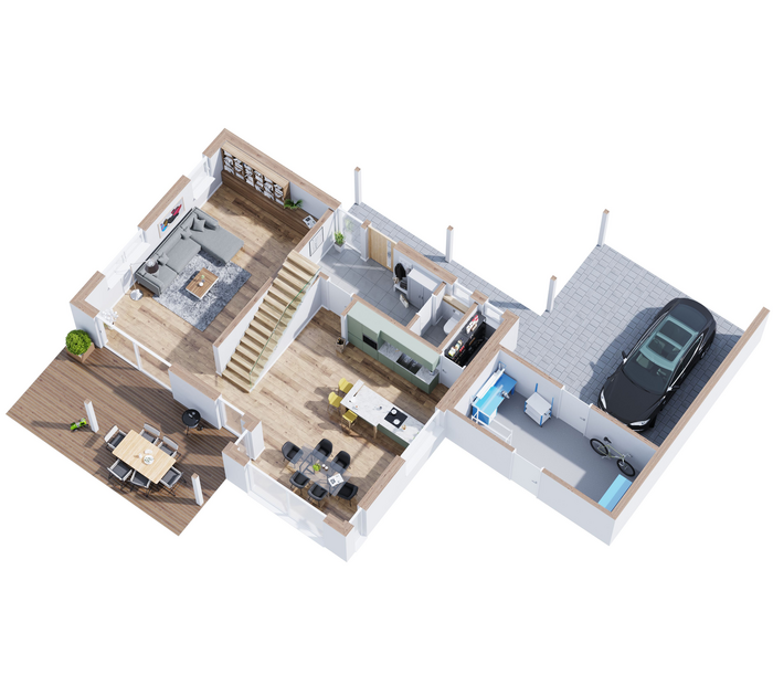 Grundrissplan eines Hauses mit 2 Kinderzimmer und einem großen Wohnbereich.