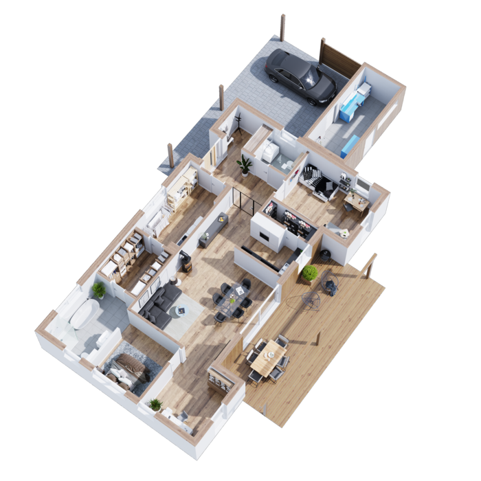 Hier zu sehen ein durchdachter Grundriss für einen kleinen Bungalow.