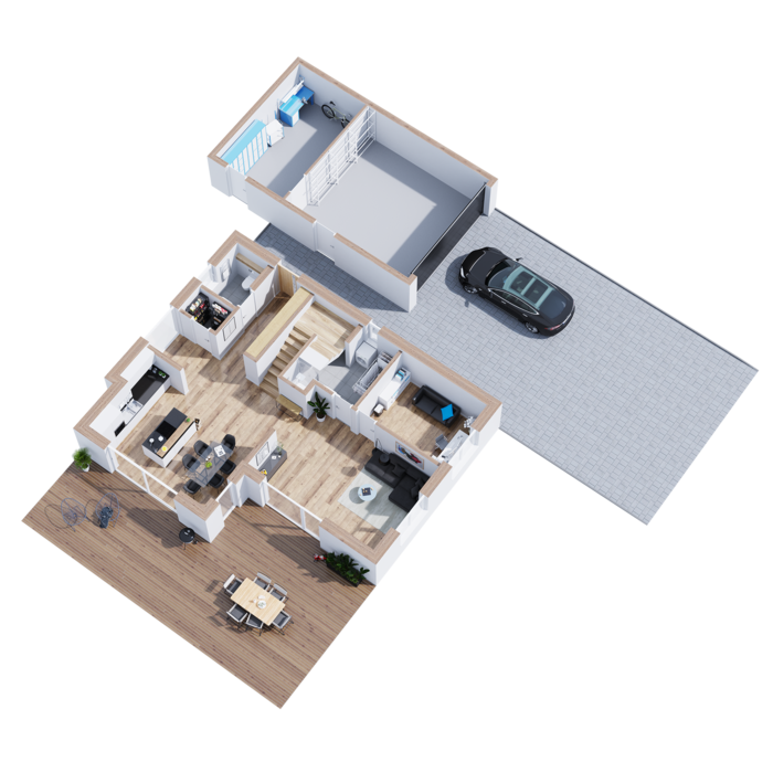 Hier zu sehen ein das Erdgeschoß eines modernen Grundrisses für ein klassisches Einfamilienhaus.