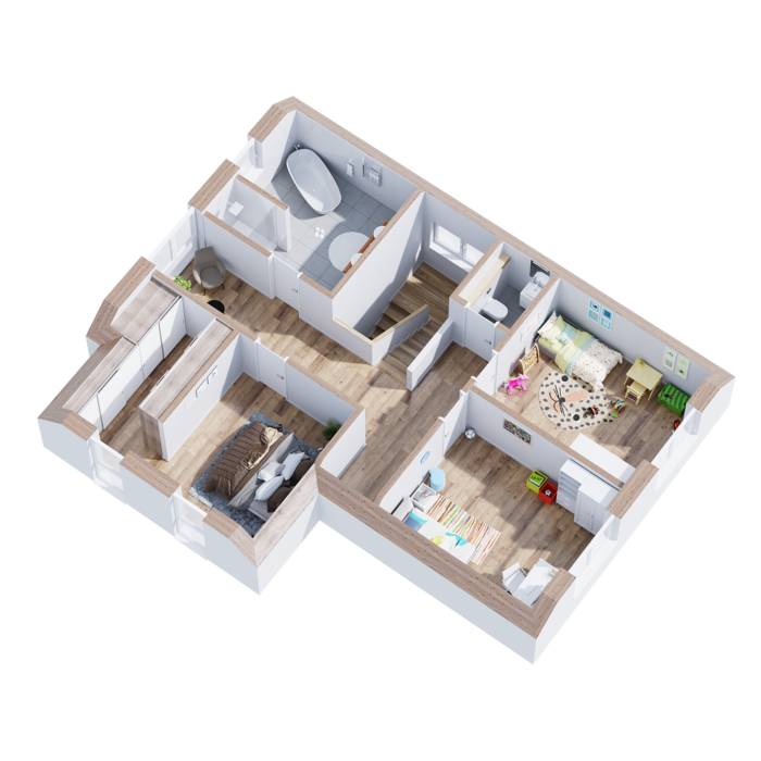 Hier zu sehen ein das Obergeschoss eines modernen Grundrisses für ein klassisches Einfamilienhaus.