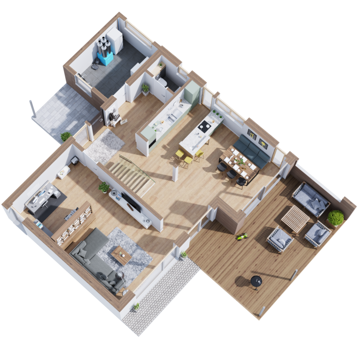 Hier ist der Grundriss des Erdgeschosses zu sehen. Wir haben bewusst auf einen offenen Grundriss mit durchdachter Raumaufteilung gesetzt.