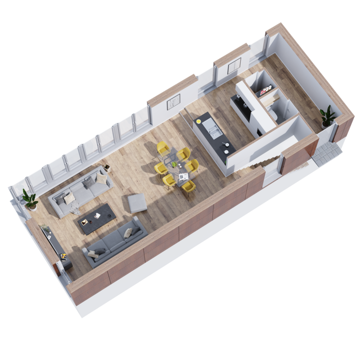 Eine Idee für einen modernen Grundriss, der einen Umbau bzw. einen Anbau an ein bestehendes Wohnhaus darstellt.